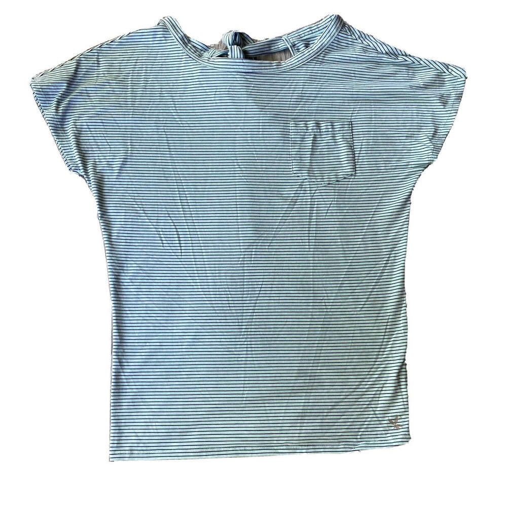 Carve Designs Womens Sz Small Tie Back Top Striped Pocket Blue Teal Stretchy